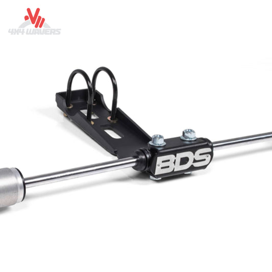 BDS Suspension dual steering stabilizer mounting kit for Jeep Wrangler JK, heavy-duty steel bracket, front view.