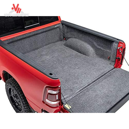 Close-up of BedRug Classic Full Liner sidewall and tailgate detail for 15-26 Ford F150 with 5.5ft bed, showing durable bed mat material.