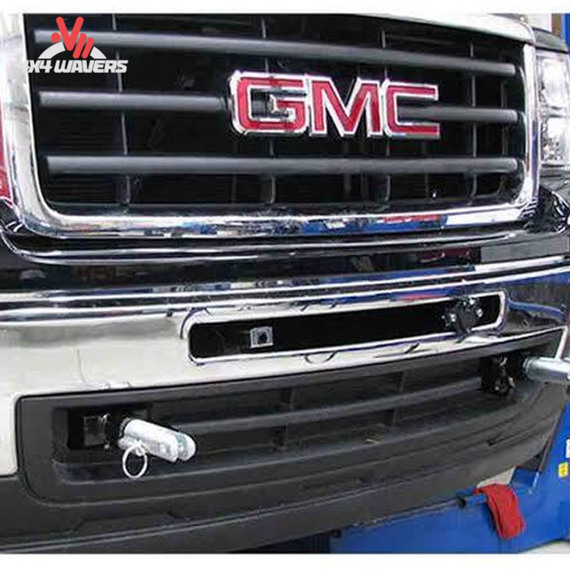 Installed Blue Ox BX1674 baseplate on front bumper of Chevy GMC Sierra 1500 SKU BX1674