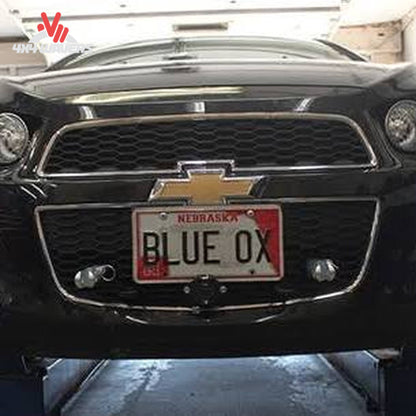 Installed Blue Ox BX1754 baseplate on front bumper of Chevy Silverado 1500 SKU BX1754