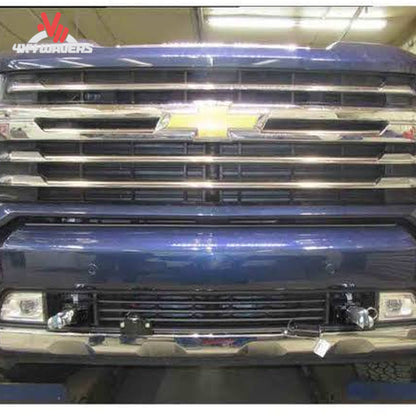 Removable attachment tabs protruding cleanly through front bumper mesh on Silverado ZR2 SKU BX1757