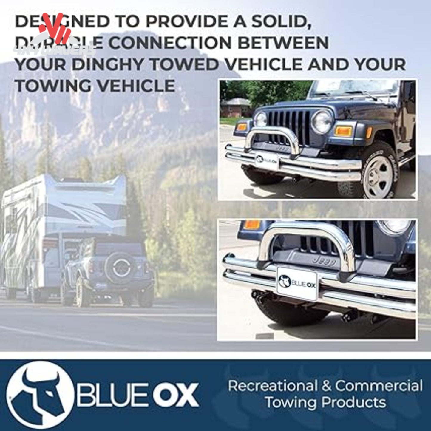Placa base de remolque Blue Ox BX1120 instalada en un Jeep Wrangler TJ 1997–2006 para remolque en plano, mostrando el sistema de remolque oculto.