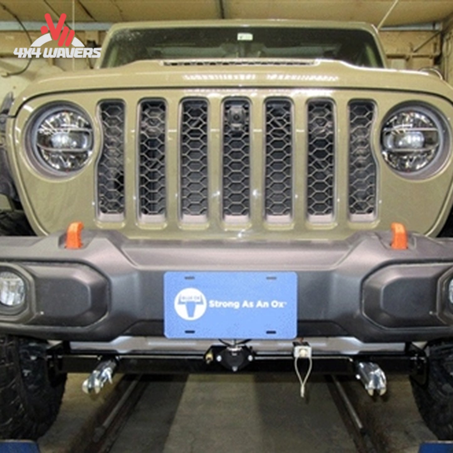 Blue Ox BX1126 Jeep Wrangler JK tow baseplate installed for flat towing, designed for 2007–2018 models with hidden flat tow system.