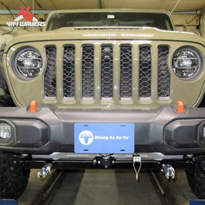 Blue Ox BX1126 Jeep Wrangler JK tow baseplate installed for flat towing, designed for 2007–2018 models with hidden flat tow system.