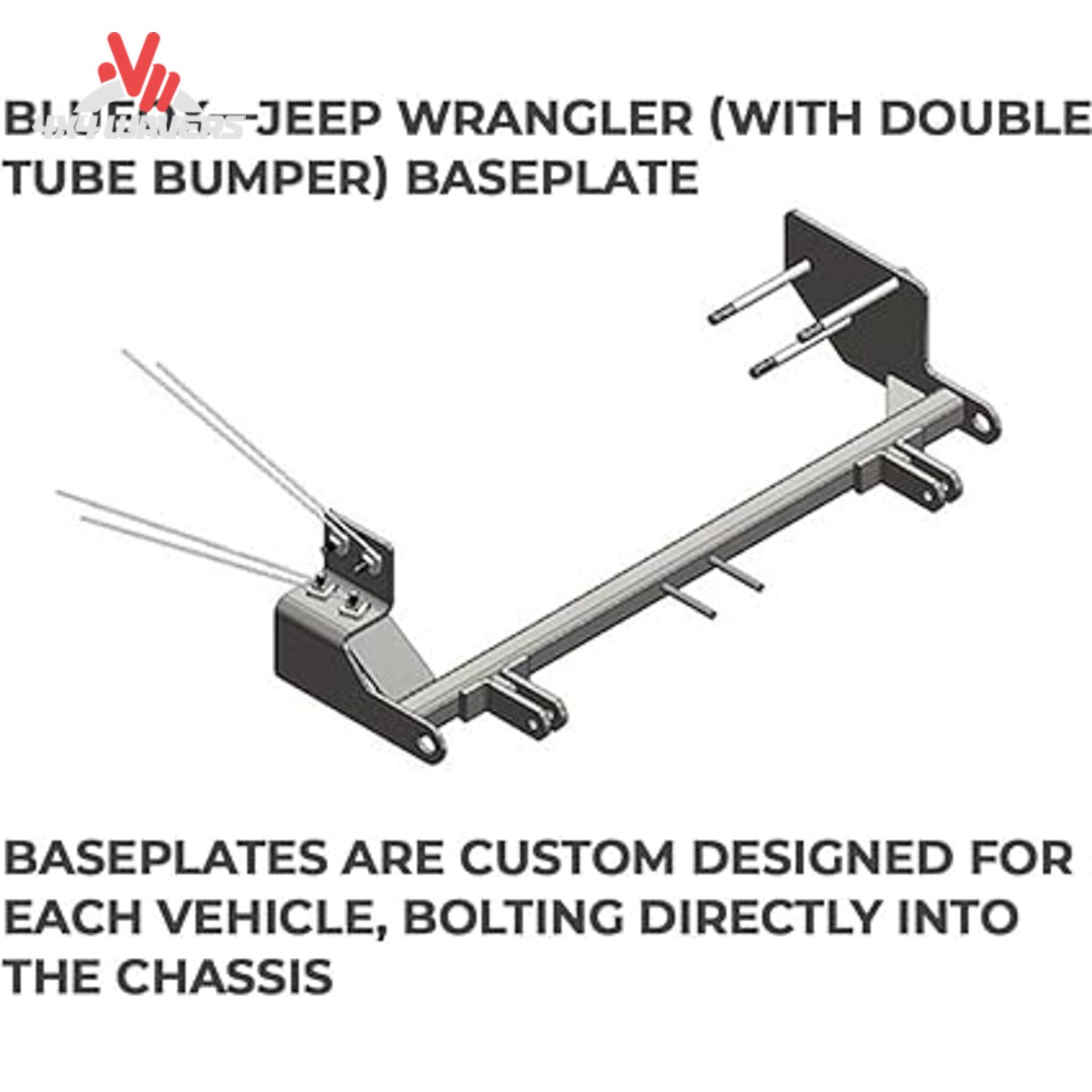 Placa base de remolque Blue Ox BX1120 para Jeep Wrangler TJ 1997-2006, mostrando las pestañas de remolque desmontables en un sistema de remolque plano.