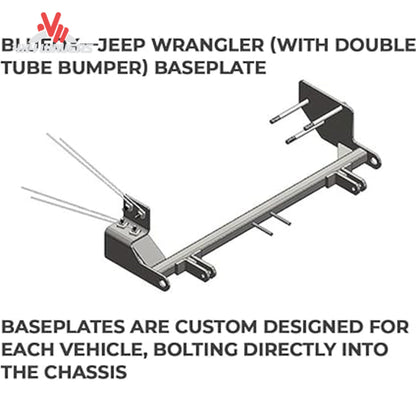 Placa base de remolque Blue Ox BX1120 para Jeep Wrangler TJ 1997-2006, mostrando las pestañas de remolque desmontables en un sistema de remolque plano.