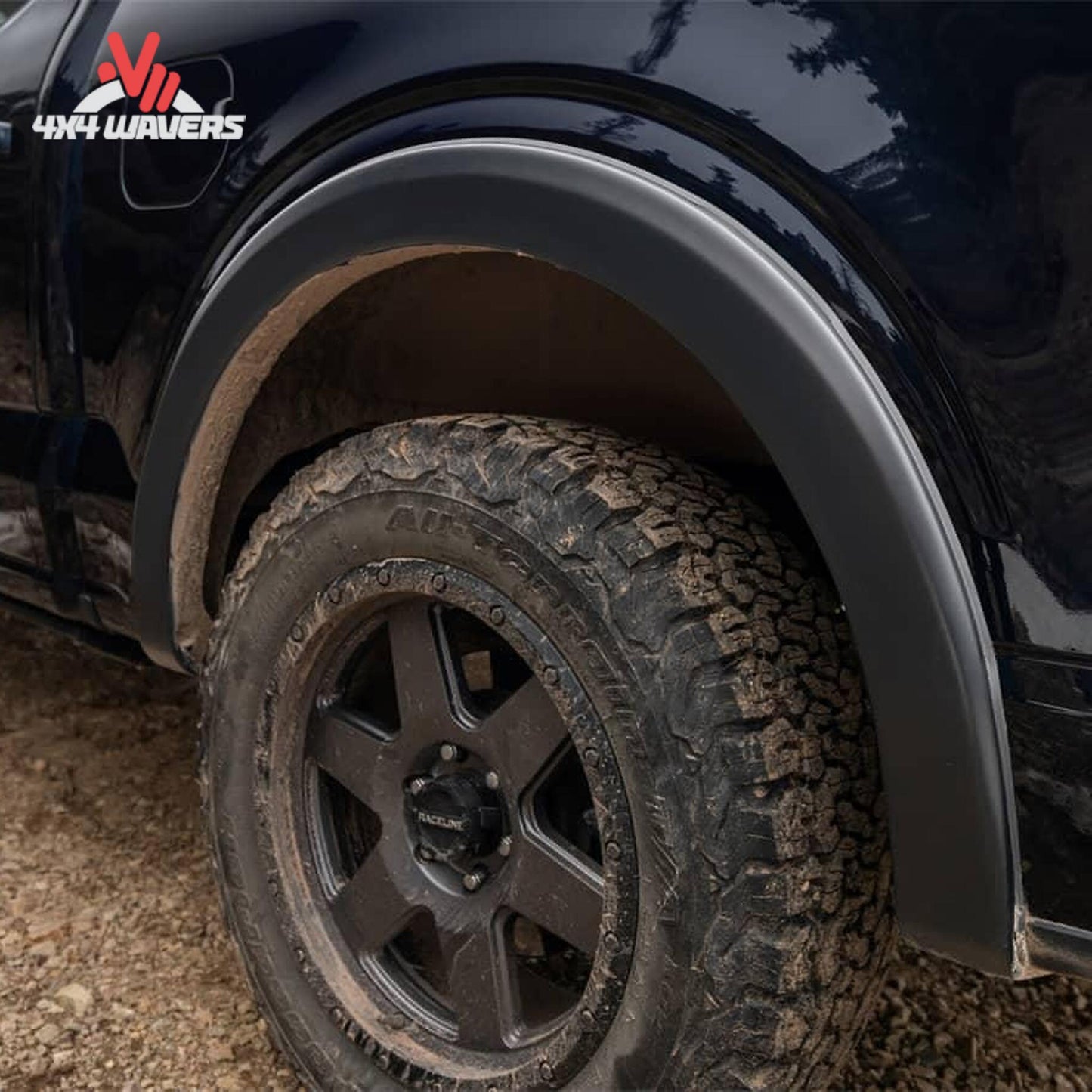 Rear Bushwacker OE Style Fender Flares for 2018-2020 Ford F150, durable black plastic, enhances truck’s rugged look