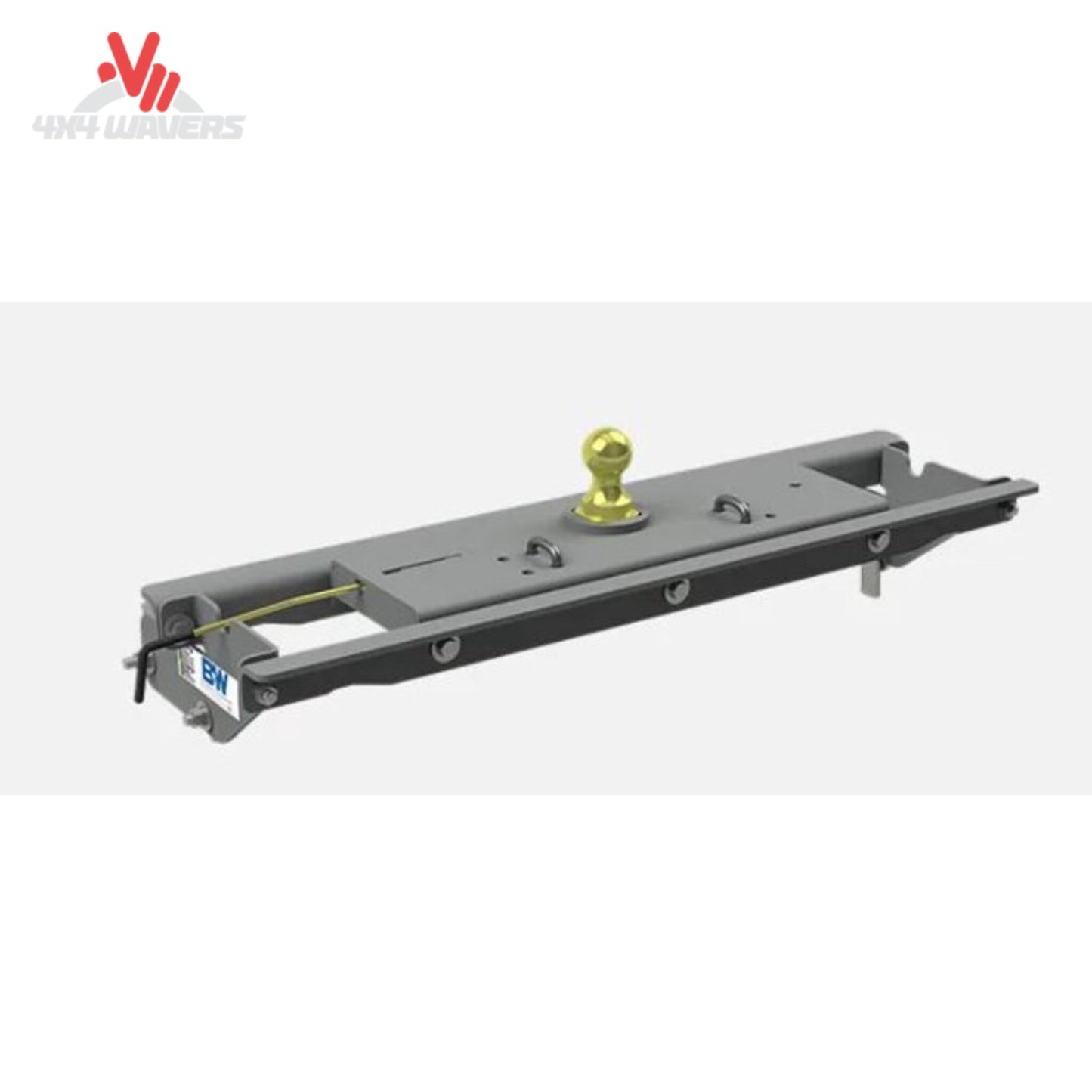 Close-up view of B&W Turnoverball hitch inverted inside the 4-inch bed receiver socket for level bed utility SKU BQVL_GNRK1121