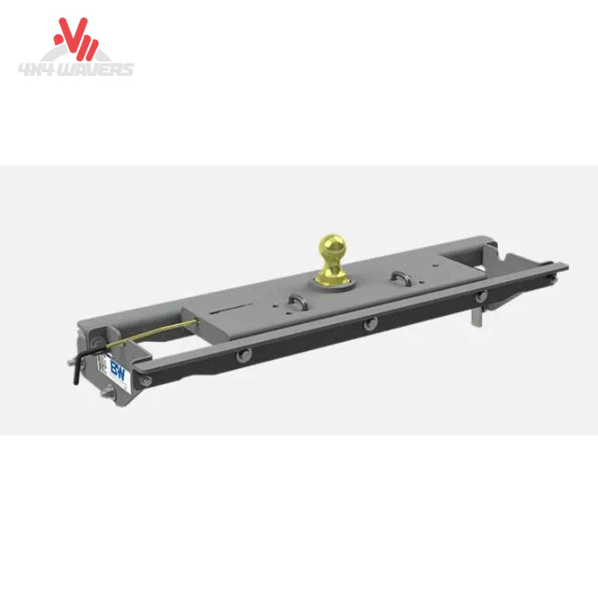 Close-up view of B&W Turnoverball hitch inverted inside the 4-inch bed receiver socket for level bed utility SKU BQVL_GNRK1121
