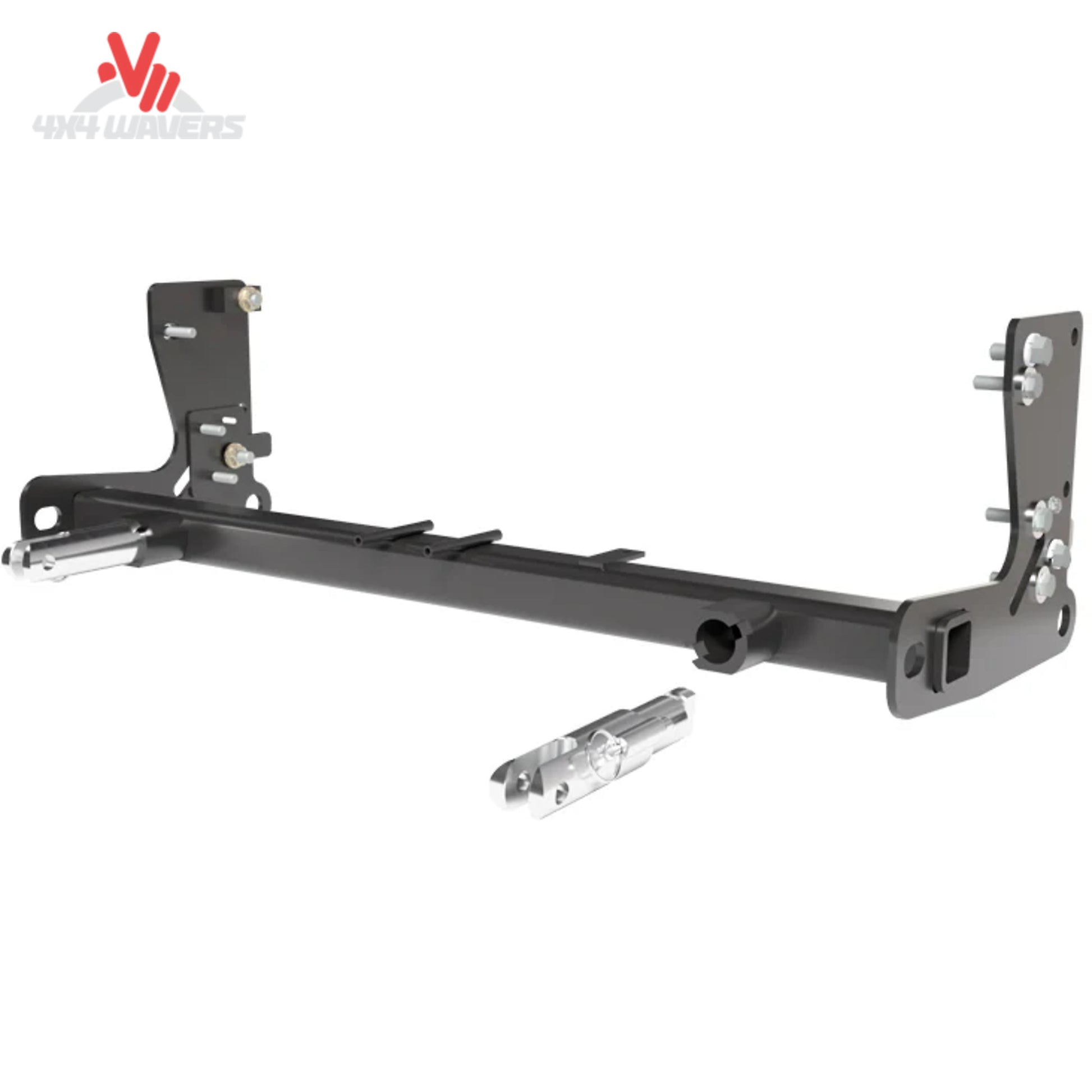 Blue Ox BX1126 tow baseplate installed on Jeep Wrangler JK steel frame for flat towing, part of Blue Ox tow bar system.