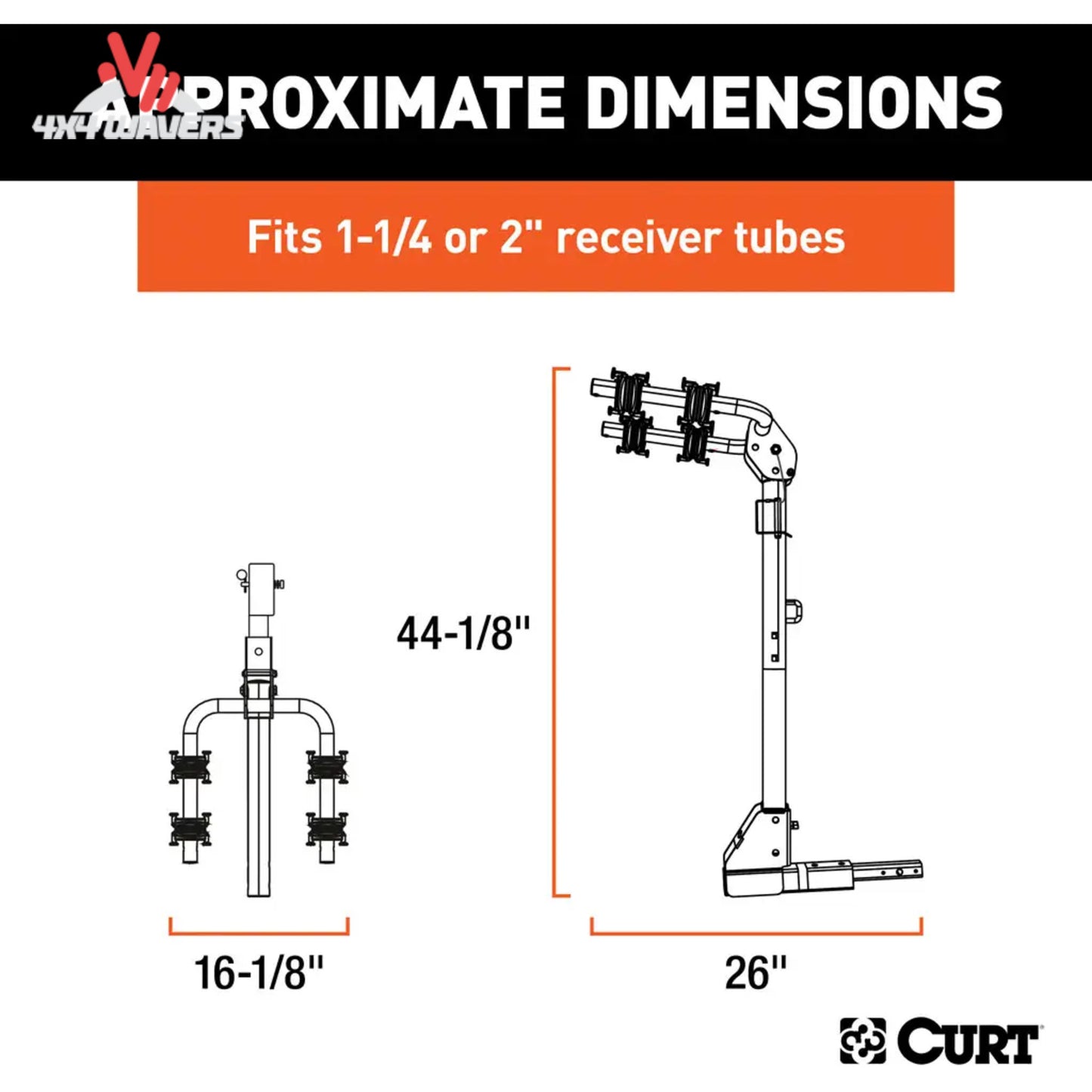 CURT portabicicletas de enganche para 2 bicicletas acoplado al vehículo, compatible con receptores de 1-1/4" y 2", diseñado para transportar bicicletas con seguridad.