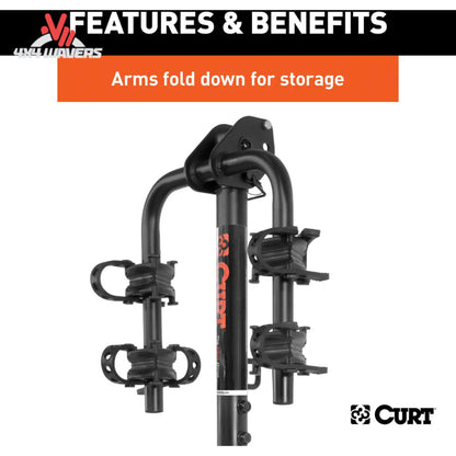 Portabicicletas CURT para 2 bicicletas con enganche, acoplado a un vehículo, compatible con receptores de 1-1/4" y 2", diseñado para transportar dos bicicletas de forma segura.