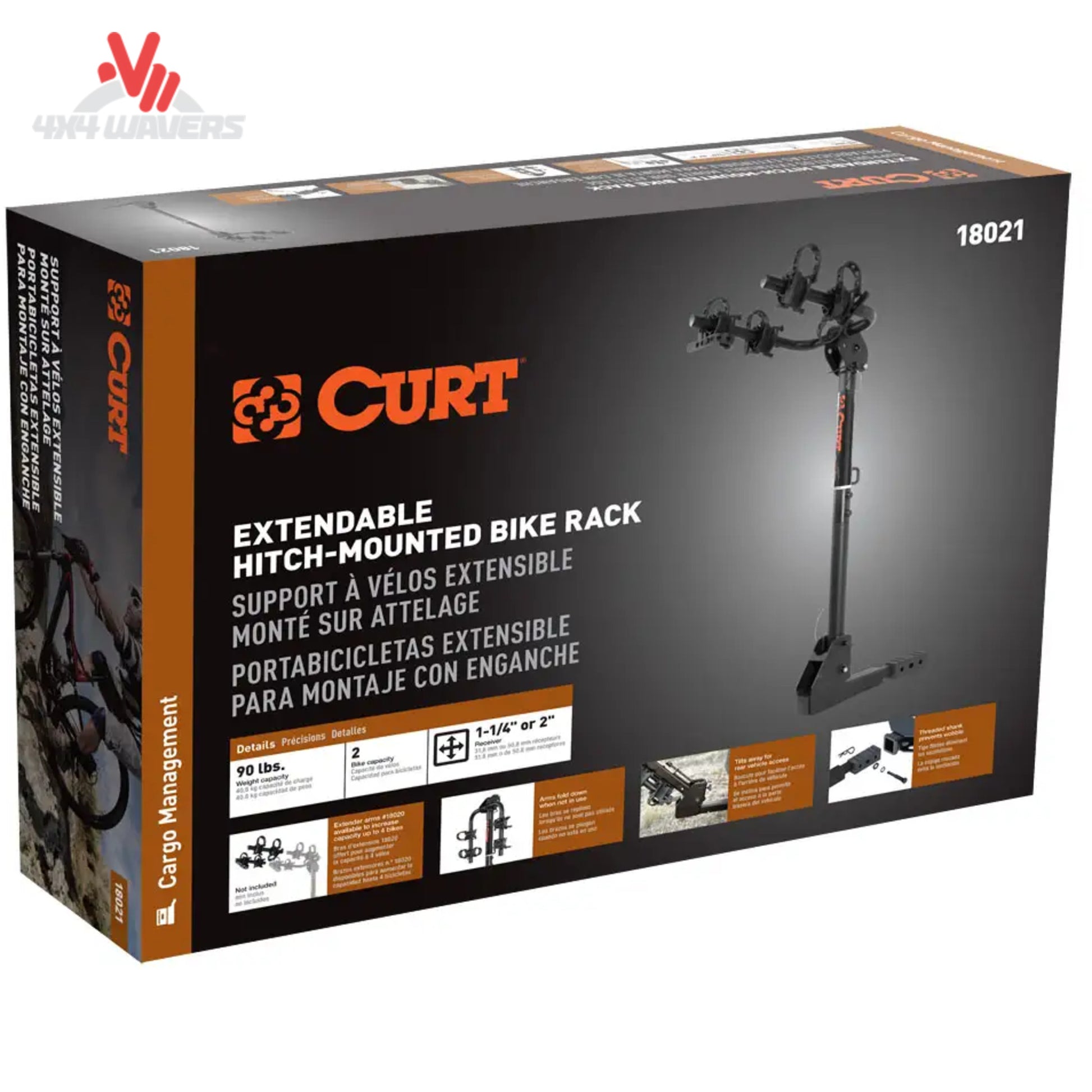 Portabicicletas CURT para enganche de 2 bicicletas, instalado en vehículo, compatible con receptores de 1-1/4" y 2", resistente para transporte seguro.
