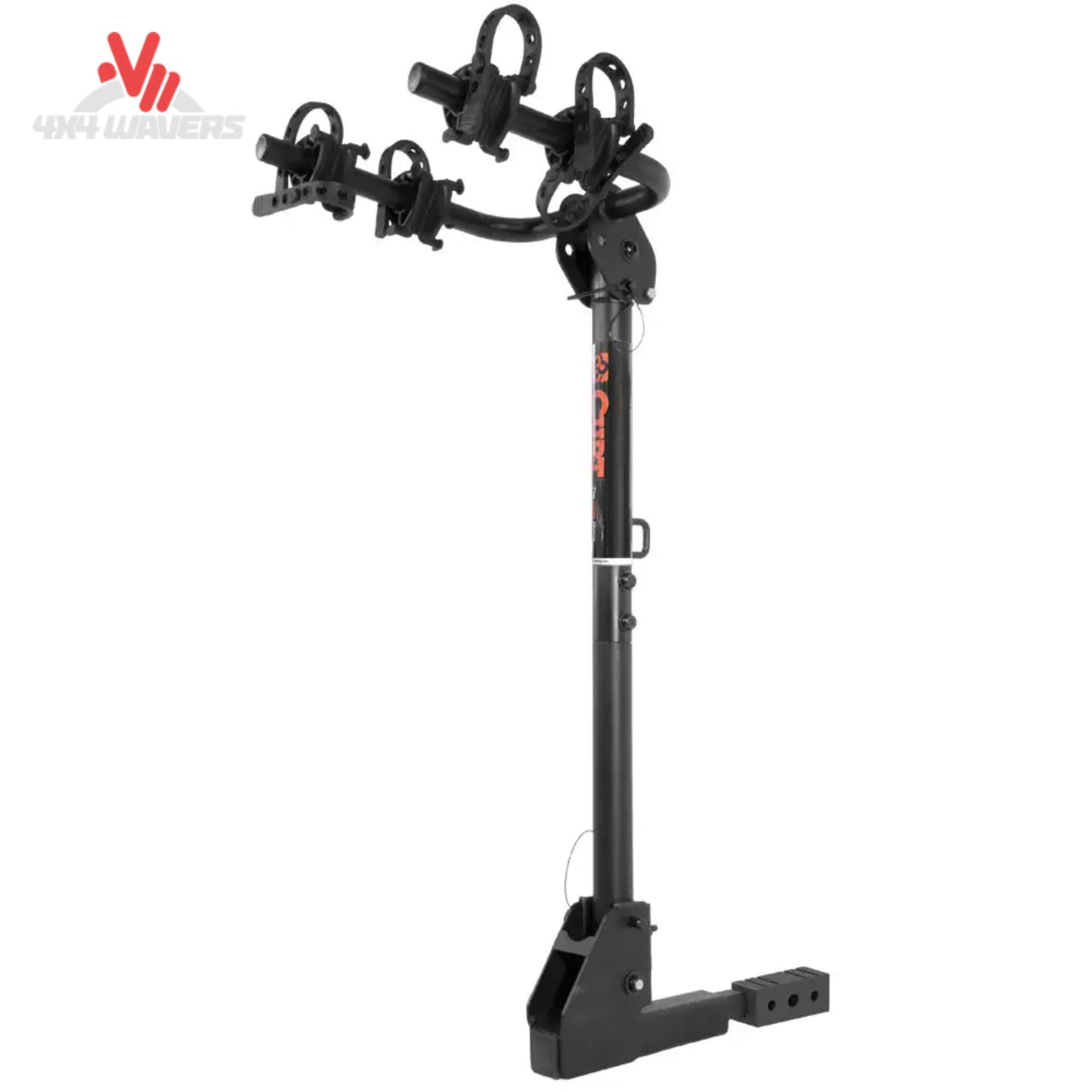 Portabicicletas de enganche CURT para 2 bicicletas, instalado en el receptor de un vehículo, compatible con receptores de 1-1/4" y 2", con las bicicletas sujetas para su transporte.