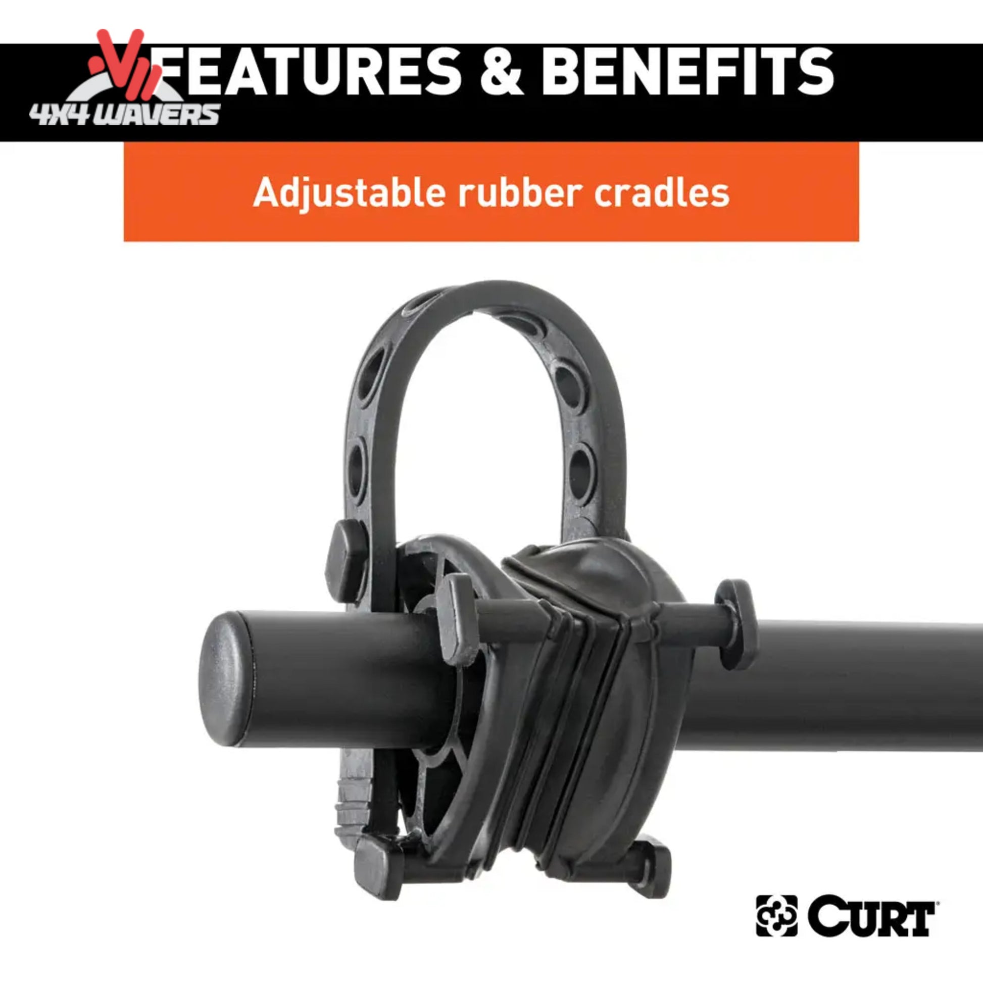 Close-up del portabicicletas CURT para enganche de 2 bicicletas, con cunas de goma, diseñado para receptores de enganche de 1-1/4" y 2".