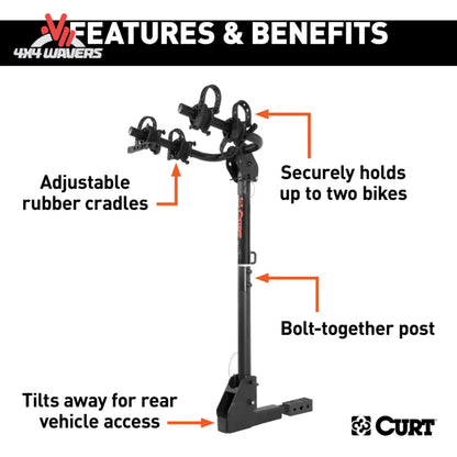 Close-up del portabicicletas CURT para 2 bicicletas con soporte de enganche, con cunas de goma y compatibilidad con enganches receptores de 1-1/4" y 2".