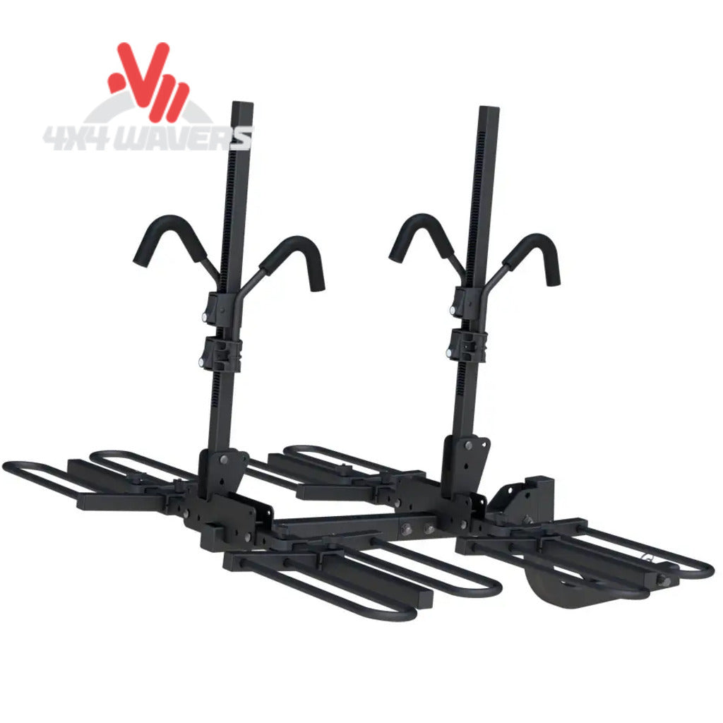 Vista frontal del portabicicletas de enganche CURT estilo bandeja para 4 bicicletas, receptor de 2 pulgadas, ajuste universal, diseñado para transporte seguro de bicicletas al aire libre.