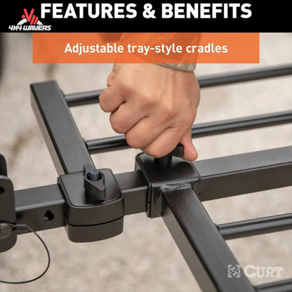 Portabicicletas de enganche CURT estilo bandeja para 2 bicicletas montado en SUV, compatible con receptores de 1-1/4" y 2", transporta bicicletas de forma segura.