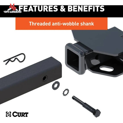 Portabicicletas de enganche CURT tipo bandeja para 2 bicicletas montado en una SUV, compatible con receptores de 1-1/4" y 2", mostrando el portabicicletas con dos bicicletas.