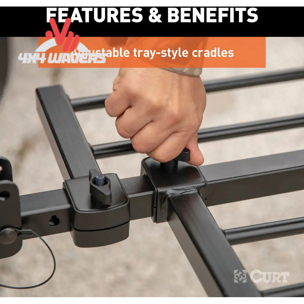 CURT Portabicicletas tipo bandeja para 4 bicicletas, montado en una SUV con cuatro bicicletas cargadas, diseñado para enganche receptor de 2 pulgadas, ajuste universal.
