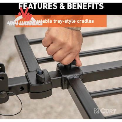 CURT Portabicicletas tipo bandeja para 4 bicicletas, montado en una SUV con cuatro bicicletas cargadas, diseñado para enganche receptor de 2 pulgadas, ajuste universal.