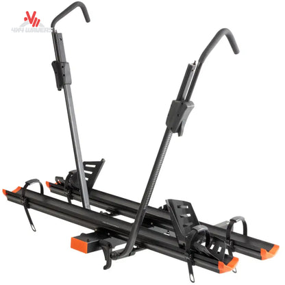 Vista frontal del portabicicletas CURT de aluminio tipo bandeja para 2 bicicletas, para enganches de 2 pulgadas, diseñado para transportar bicicletas fácilmente.