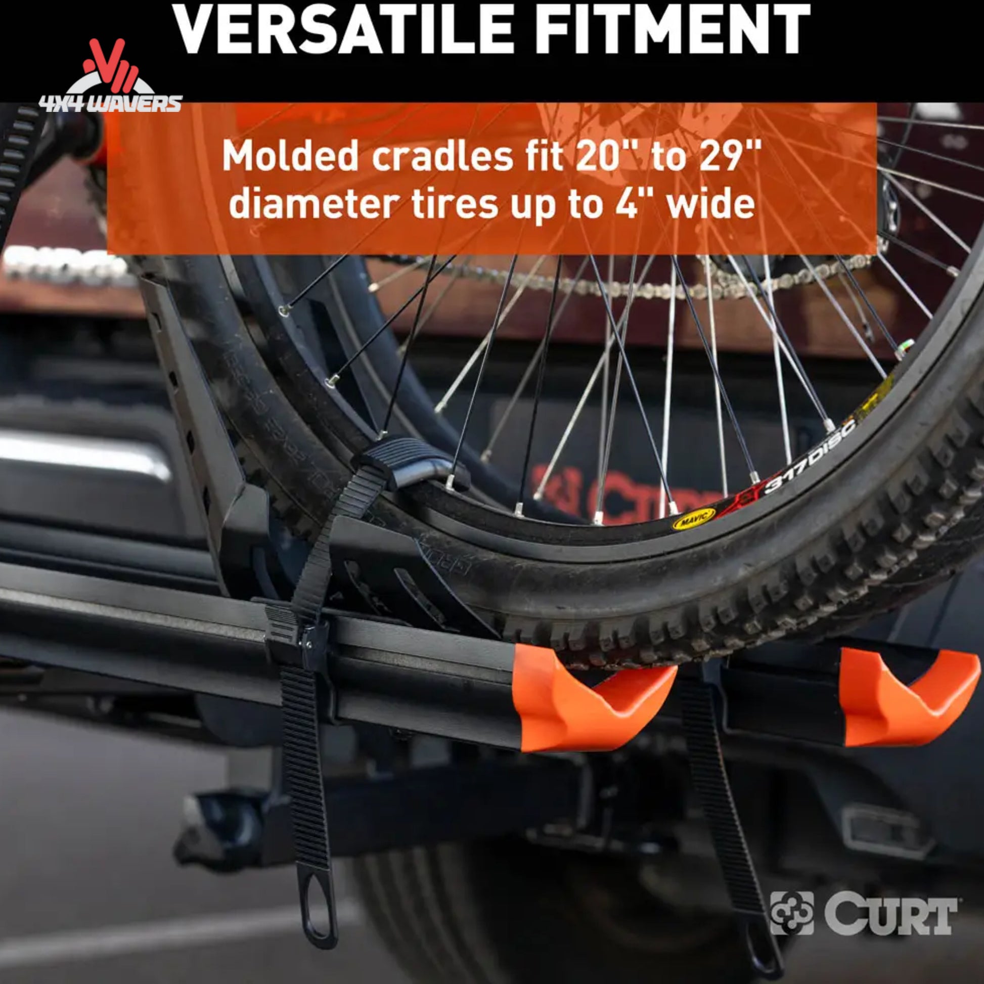 alt
Portabicicletas CURT de 2 bicicletas tipo bandeja de aluminio, montado en el enganche del vehículo, compatible con bicicletas de llanta ancha y e-bikes.