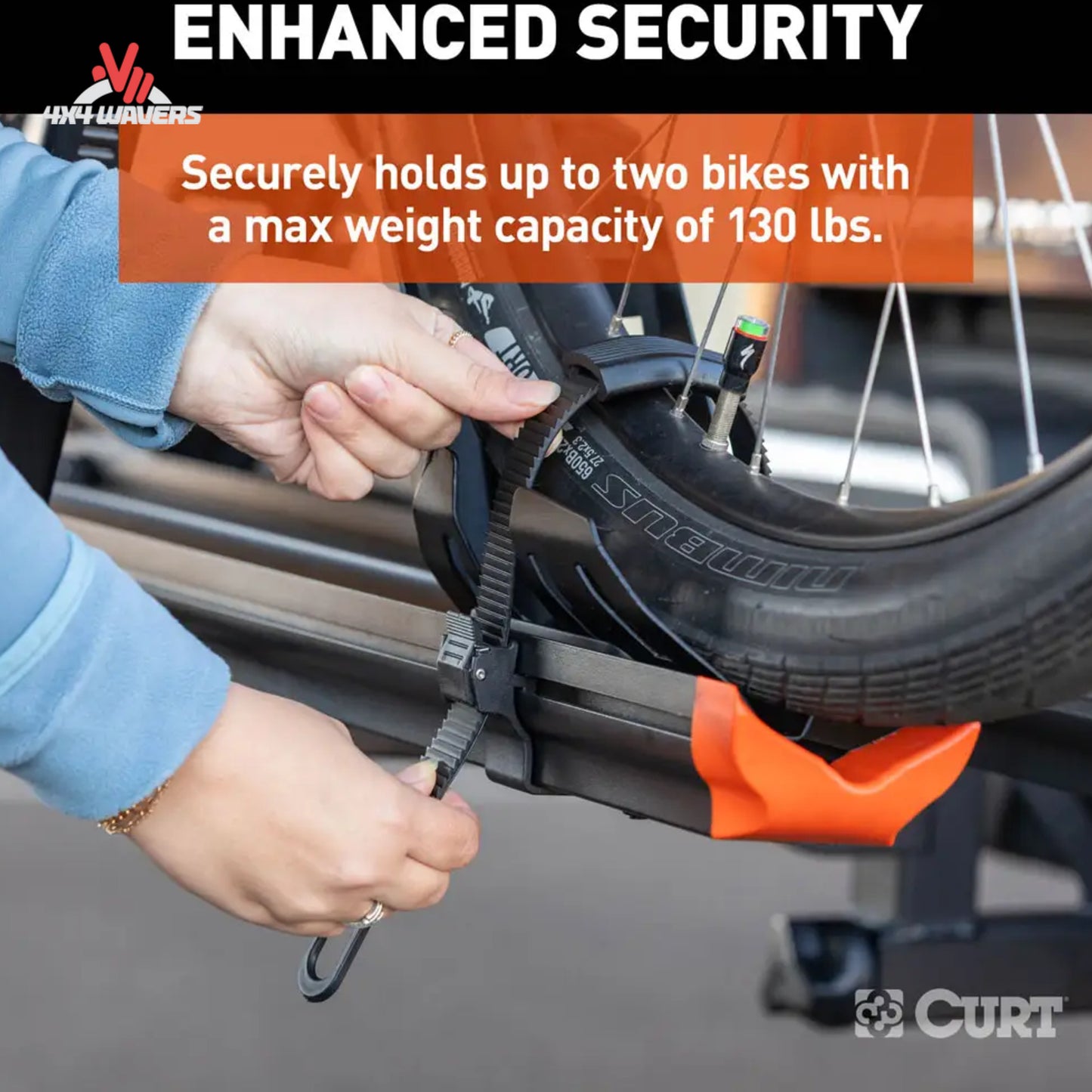 Portabicicletas CURT de aluminio tipo bandeja para 2 bicicletas, para receptores de enganche de 2 pulgadas, diseñado para sujetar con seguridad bicicletas eléctricas con llantas anchas.