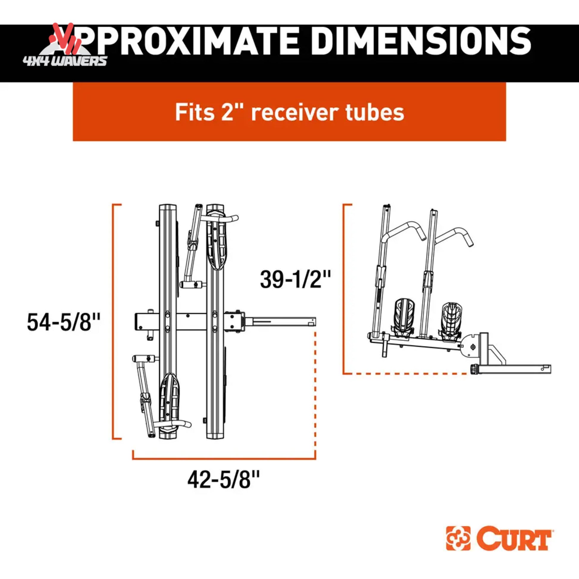 Primer plano de portabicicletas de aluminio CURT para 2 bicicletas con brazos de trinquete y bandejas para ruedas para receptores de enganche de 2 pulgadas.