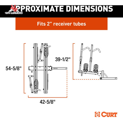 Primer plano de portabicicletas de aluminio CURT para 2 bicicletas con brazos de trinquete y bandejas para ruedas para receptores de enganche de 2 pulgadas.