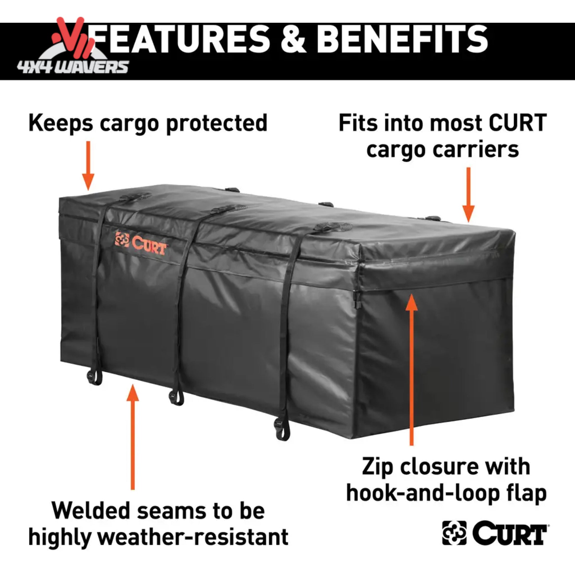 Vista abierta de una bolsa portaequipaje CURT grande e impermeable, con capacidad de 56x22x21 pulgadas, diseñada para almacenamiento en el enganche.