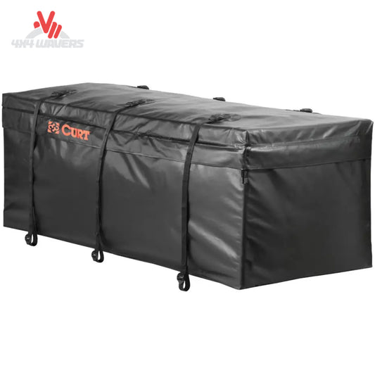 Open view of the CURT Waterproof Cargo Carrier Bag showing spacious interior and durable material for hitch cargo storage.