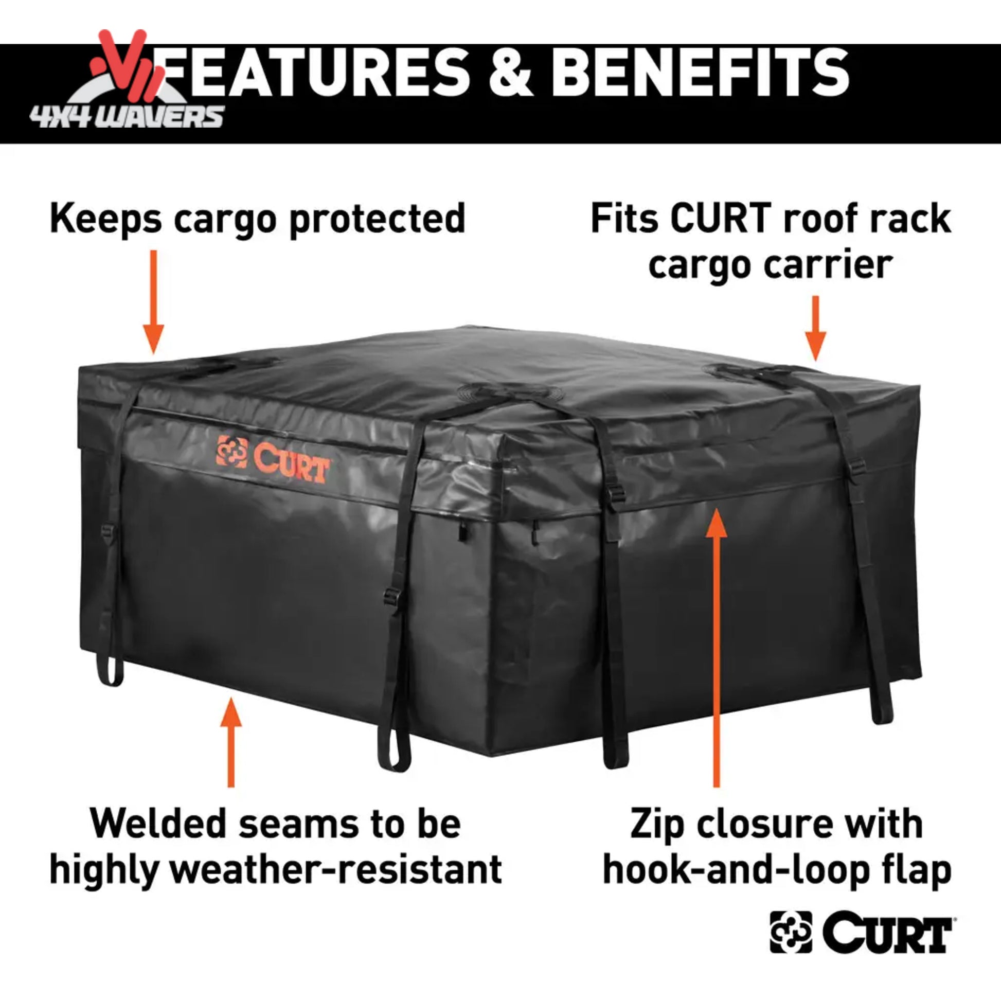 Vista abierta de la bolsa de carga impermeable para portaequipajes de techo CURT, que muestra capacidad de almacenamiento de 38x34x18 pulgadas para carga en el techo.