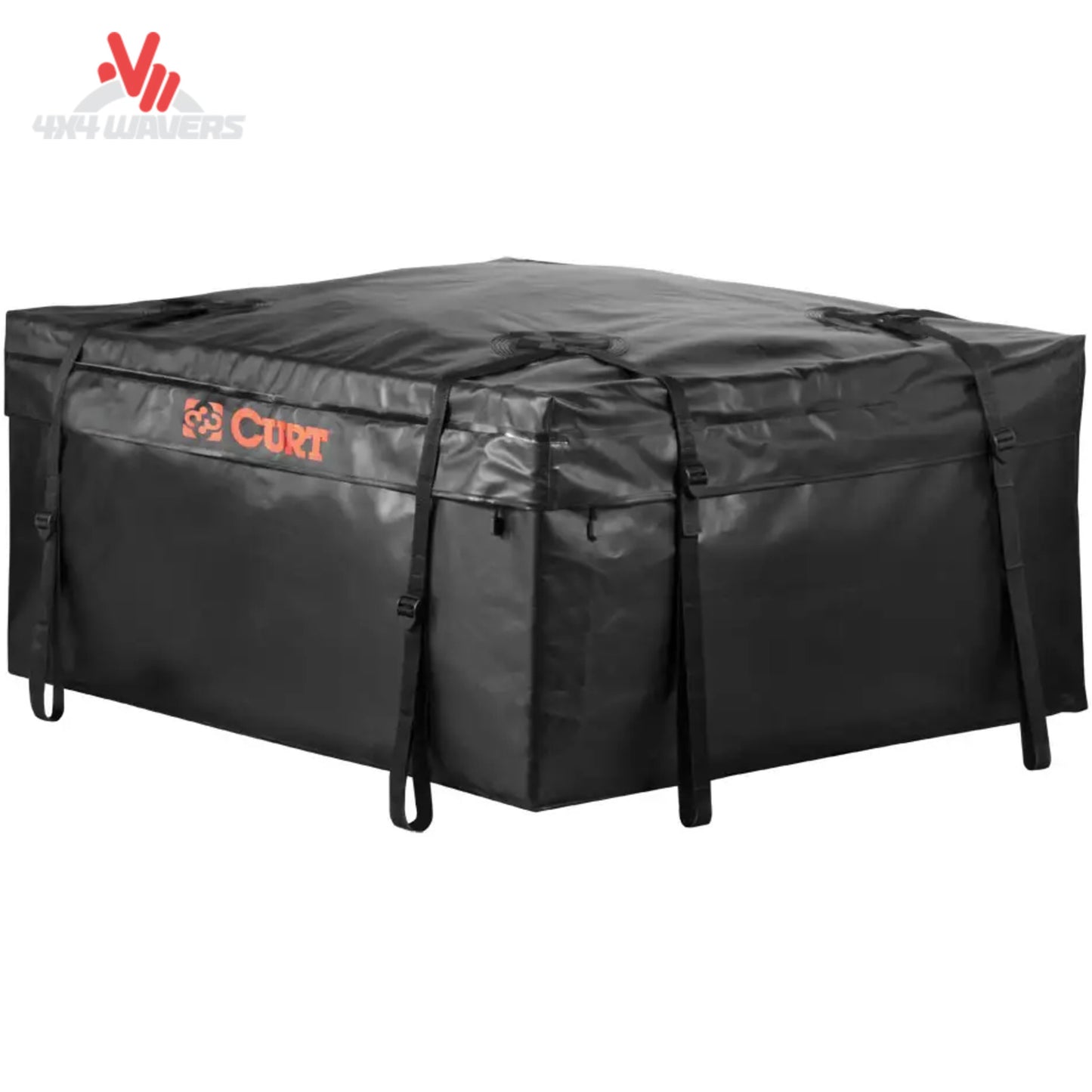 Open view de la bolsa de carga impermeable para portaequipajes de techo CURT, mostrando su capacidad de almacenamiento de 38x34x18 pulgadas sobre la baca de un vehículo.