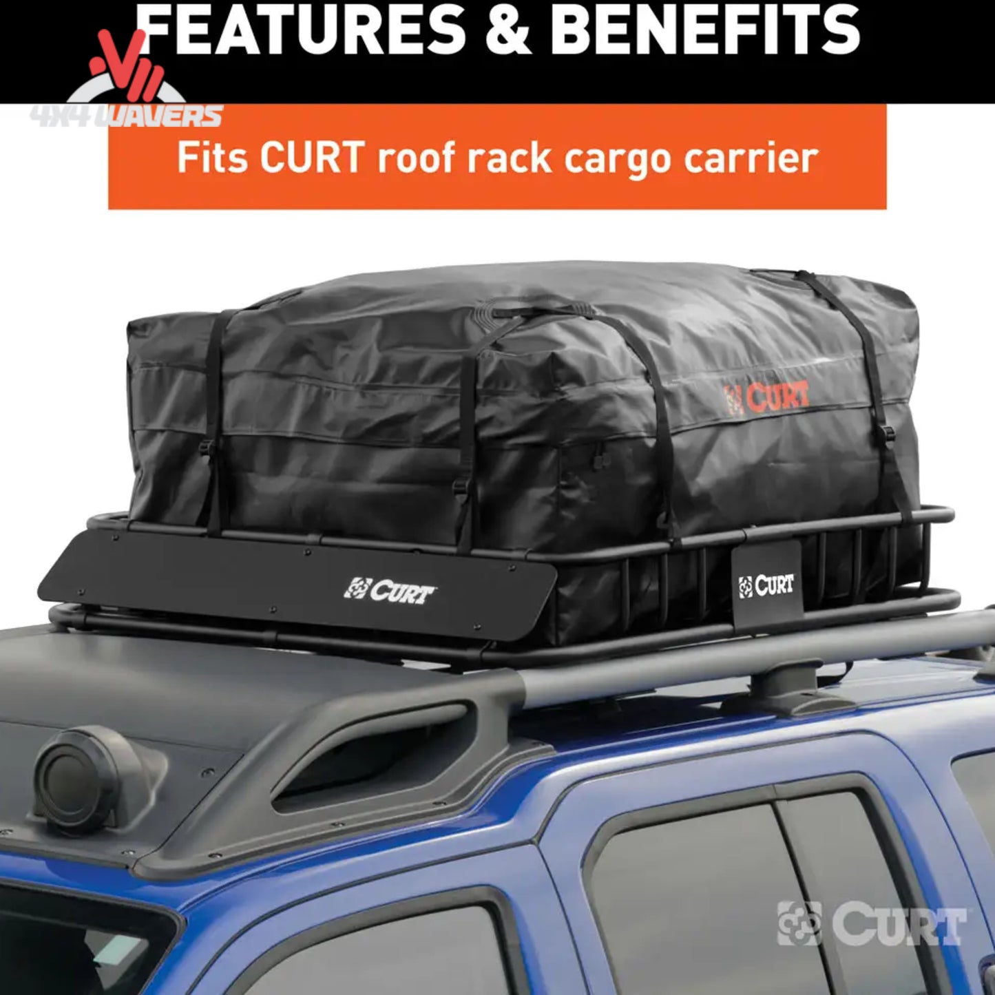 alt
Bolsa de carga impermeable para portaequipajes de techo CURT instalada en el techo del vehículo, 38x34x18 pulgadas, para almacenamiento de carga en el techo y viajes al aire libre.