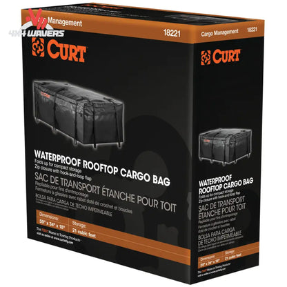alt
CURT bolsa impermeable para portaequipajes de techo de 59x34x21 pulgadas, diseñada para almacenamiento en el techo de vehículos.