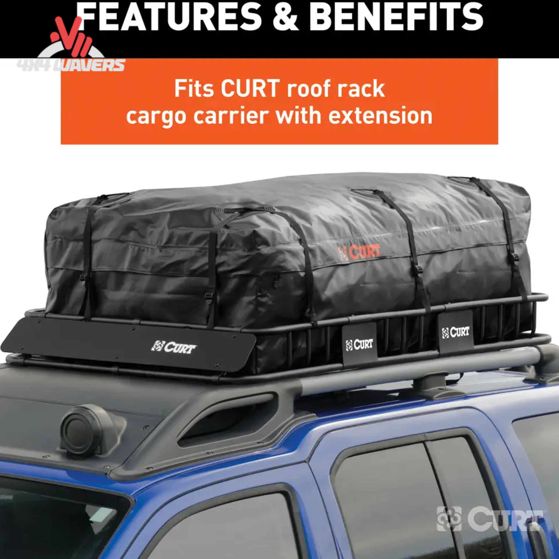 Bolsa de carga impermeable para baca CURT instalada en el techo del vehículo, 59x34x21 pulgadas, ofrece almacenamiento impermeable en el techo para viajes.