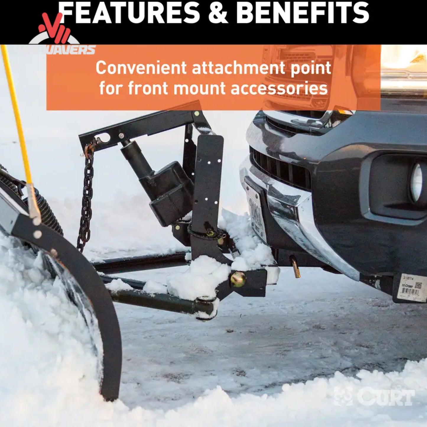 Accesorio de enganche frontal CURT montado en un Jeep Wrangler JL y Gladiator 2018-2026 para remolque de tráiler y accesorios de remolque.