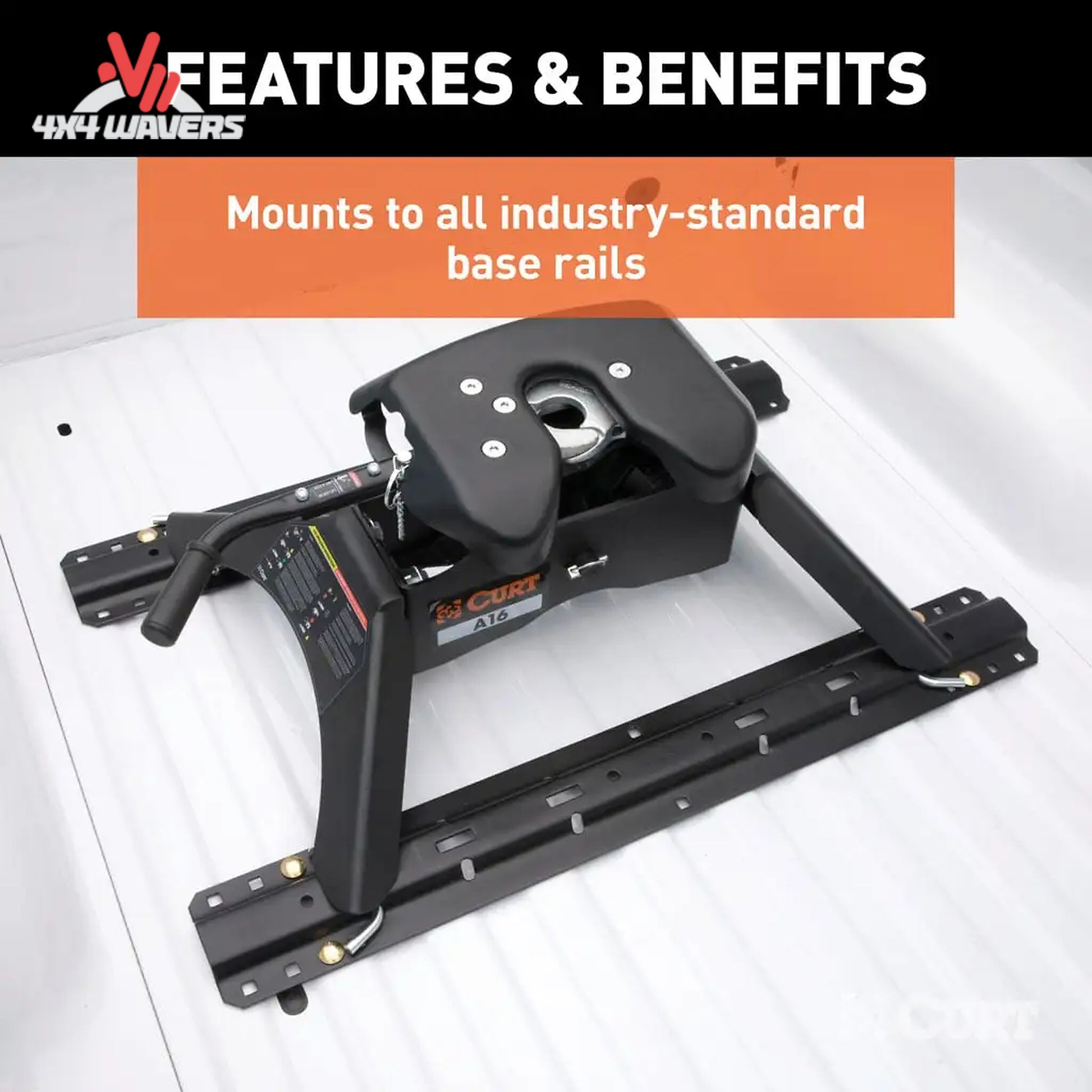 CURT A16 16K fifth wheel hitch with industry standard rails, shown installed on a vehicle for towing capacity and secure fit.