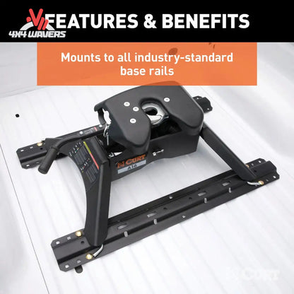 CURT A16 16K fifth wheel hitch with industry standard rails, shown installed on a vehicle for towing capacity and secure fit.