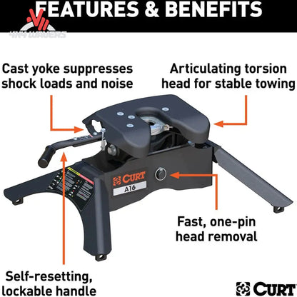 CURT A16 16K fifth wheel hitch with industry standard rails, black metal construction, and mounting components for heavy-duty towing.