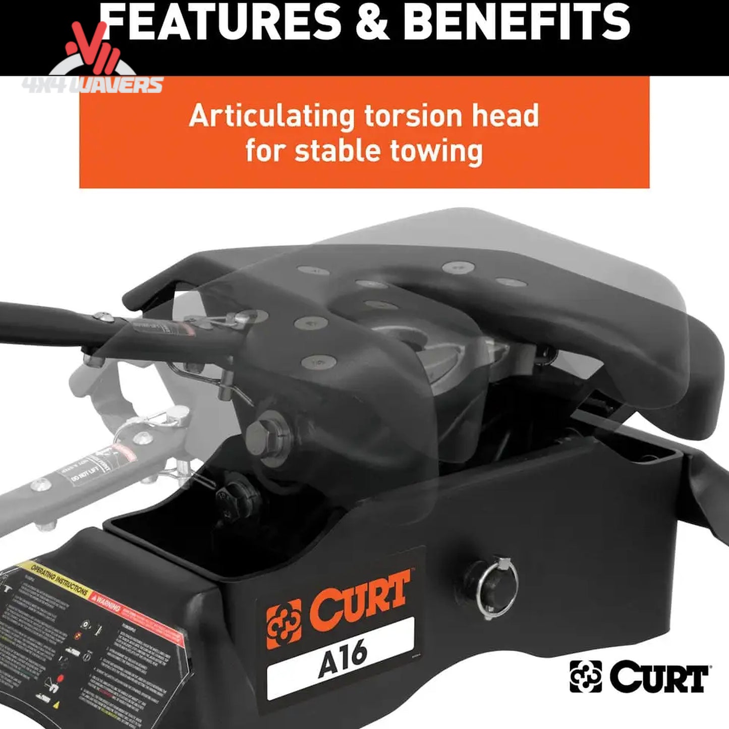 CURT A16 16K fifth wheel hitch with industry standard rails for secure trailer towing, shown in a close-up view.