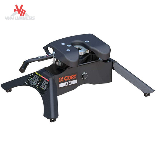 CURT A16 16K fifth wheel hitch with industry standard rails, showing the heavy-duty hitch and mounting components.