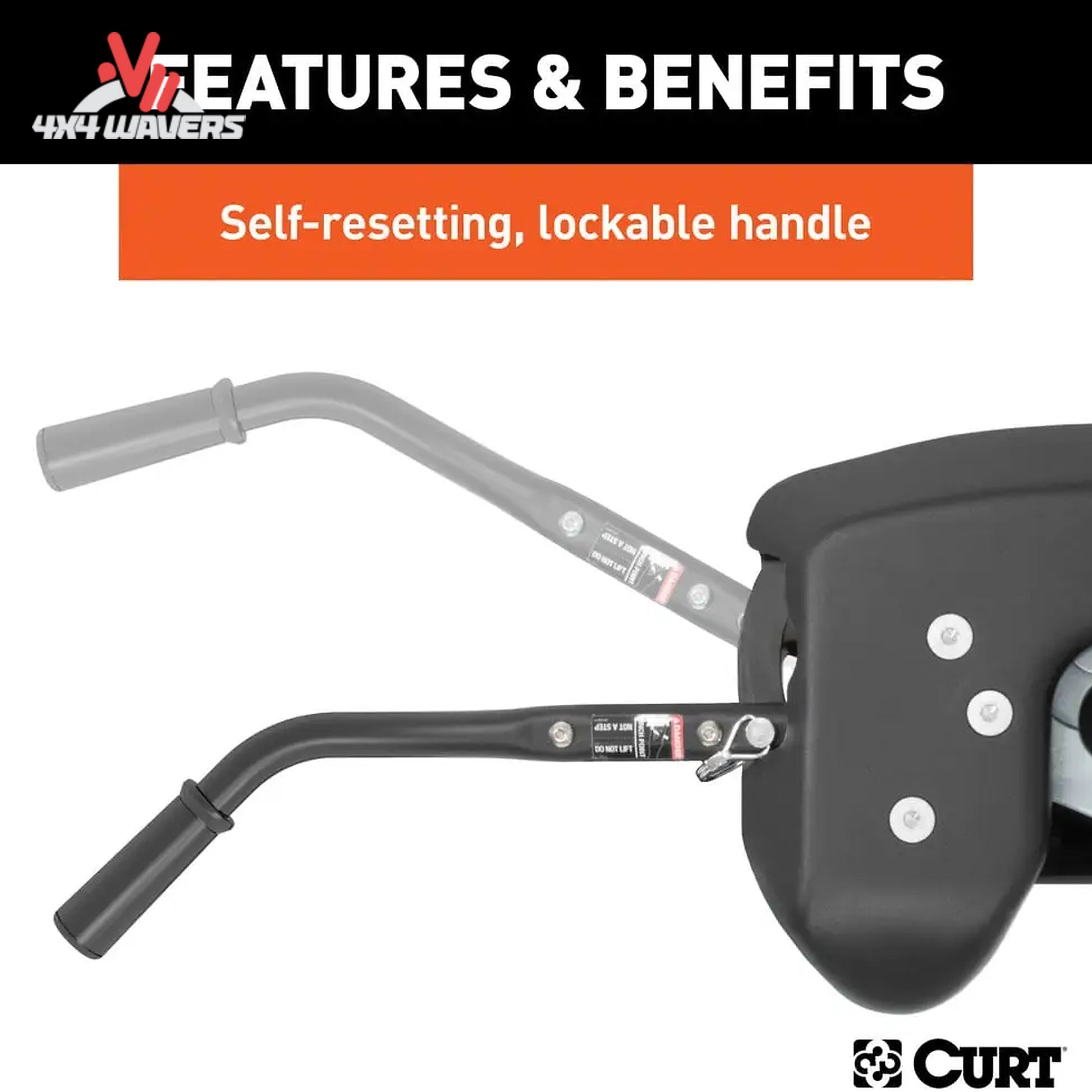 Close-up of CURT A16 16K fifth wheel hitch with interlocking jaws and detailed head for secure trailer towing.