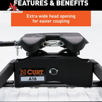 CURT A25 25K fifth wheel hitch with industry standard rails, showing the hitch mounted on a truck bed.