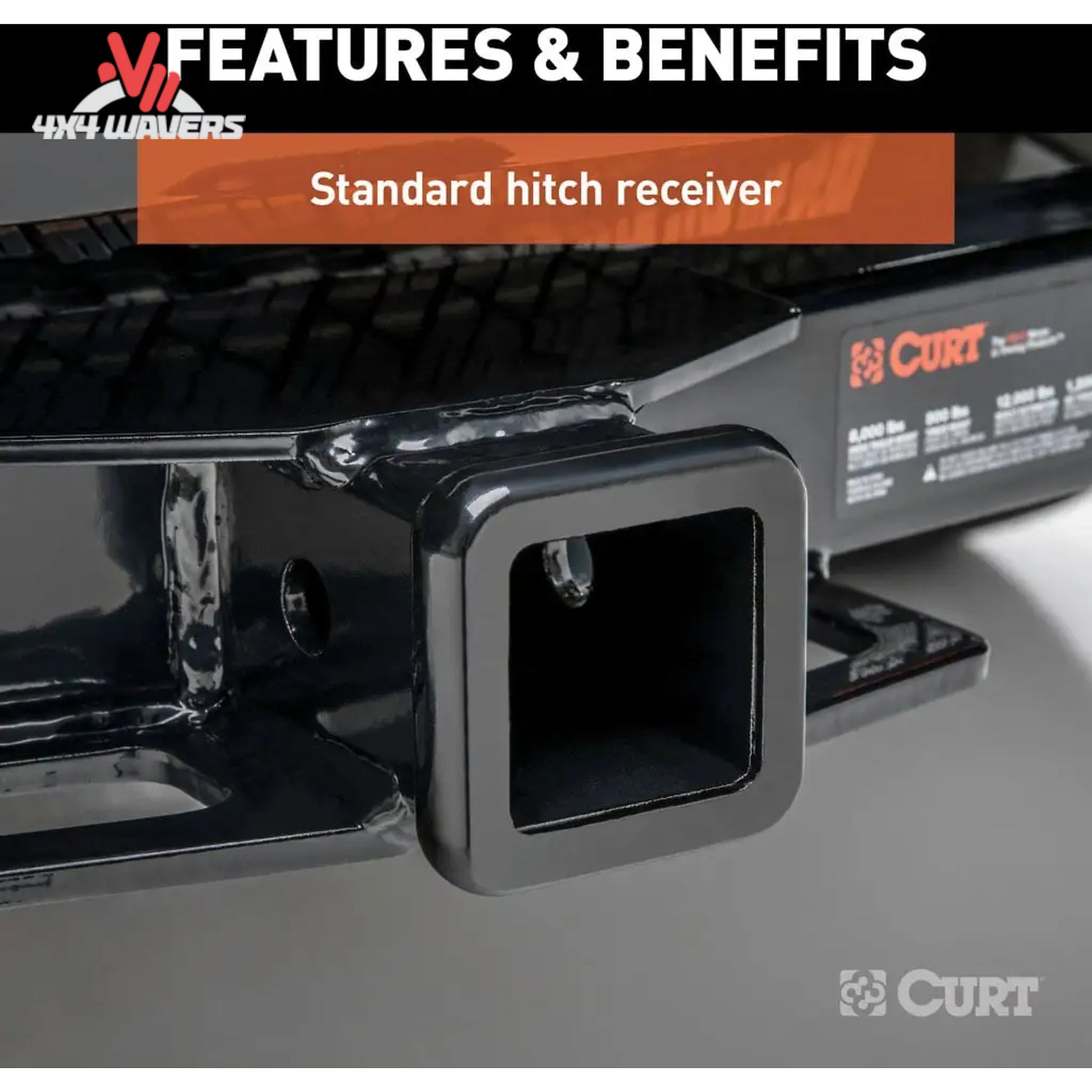 Close-up of a CURT hitch receiver with a black protective cover, under a banner reading 'Standard hitch receiver' with 'FEATURES & BENEFITS' at the top.