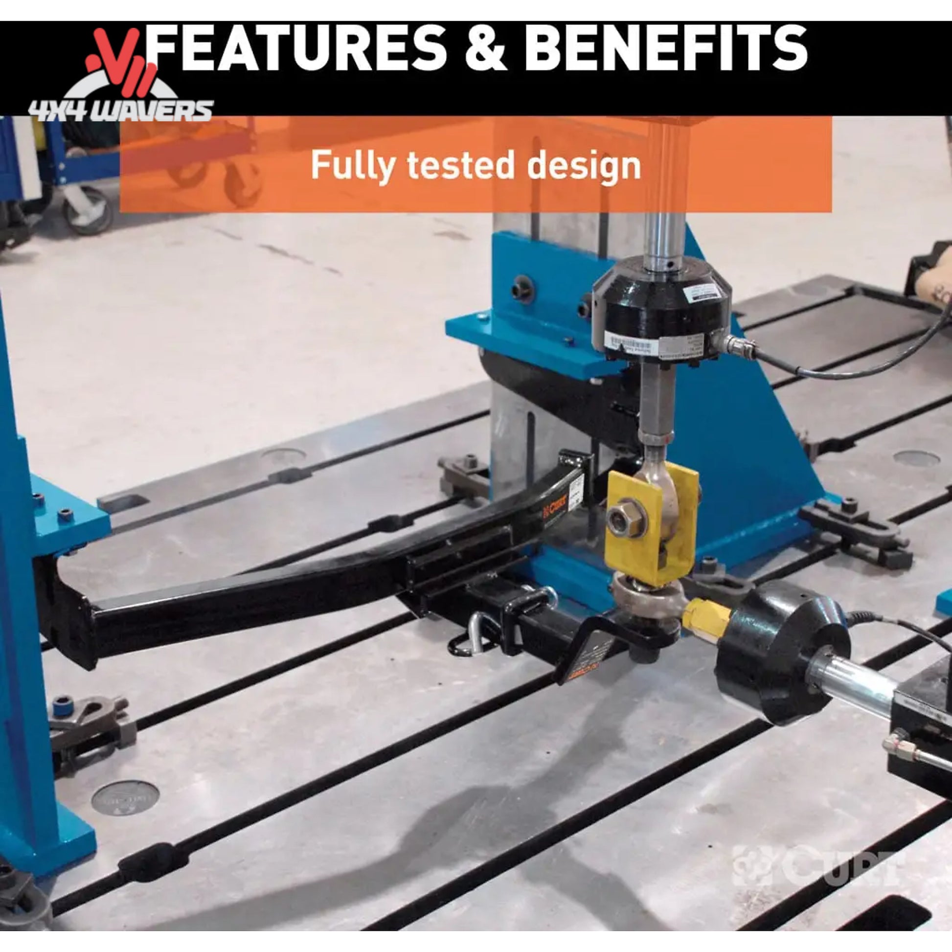 A close-up of a blue and black industrial machine mounted on a metal T-table, with overlaid text reading 'FEATURES & BENEFITS' and 'Fully tested design.'.