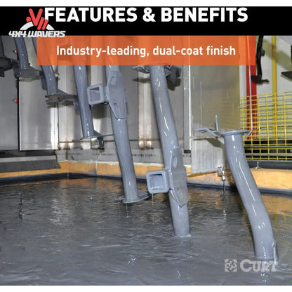 Gray metal structural components standing in a water-filled coating tank, with a black and orange banner at the top reading 'FEATURES & BENEFITS' and 'Industry-leading, dual-coat finish.' A Curt brand logo appears in the bottom right corner.