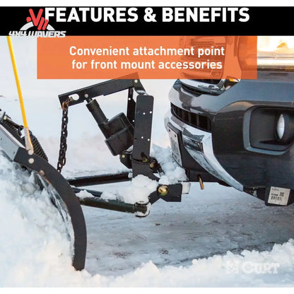 A snowmobile attachment bracket mounted between a snowmobile and a vehicle front bumper in a snowy outdoor setting, with text overlays reading 'FEATURES & BENEFITS' and 'Convenient attachment point for front mount accessories.'.
