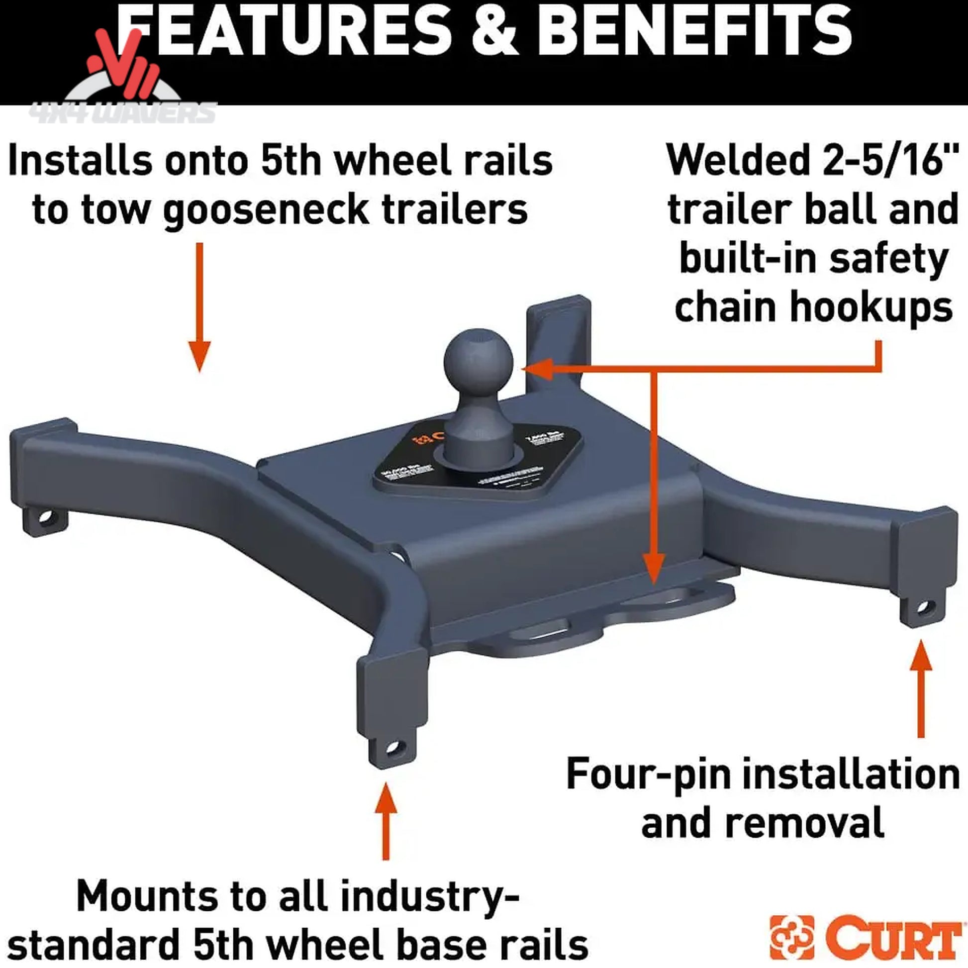 CURT Spyder 5th Wheel Rail Gooseneck Hitch with 30K capacity and 2-5/16 inch ball, designed for secure towing and heavy-duty hauling.